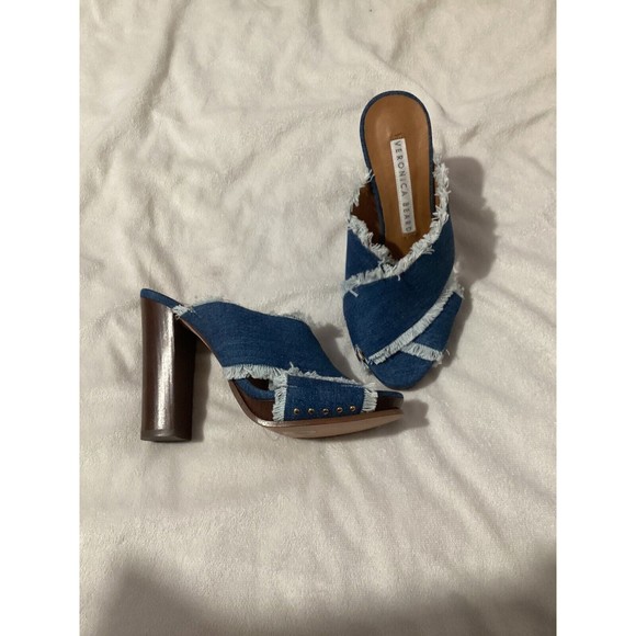 Veronica Beard Studded Fringe Denim Chunk Clog Heel, Peep Toe Size US 6 - Picture 3 of 7